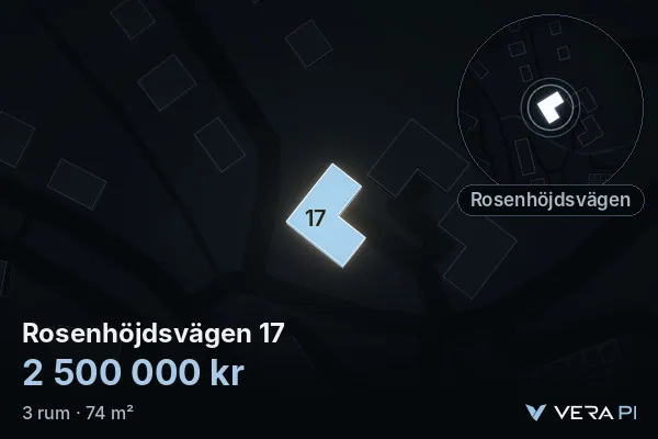 VERA PI's image of Rosenhöjdsvägen 17: the building in 3D, lit in blue, and the map around it