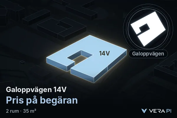 VERA PI's image of Galoppvägen 14V: the building in 3D, lit in blue, and the map around it