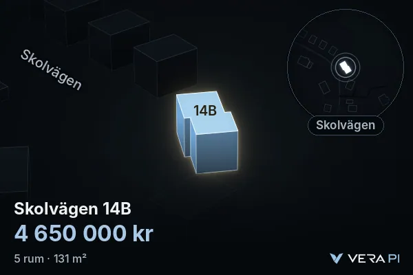 VERA PI:s bild av Skolvägen 14B: huset i 3D, upplyst i blått, och kartan runt omkring