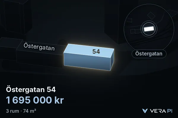 VERA PI:s bild av Östergatan 54: huset i 3D, upplyst i blått, och kartan runt omkring