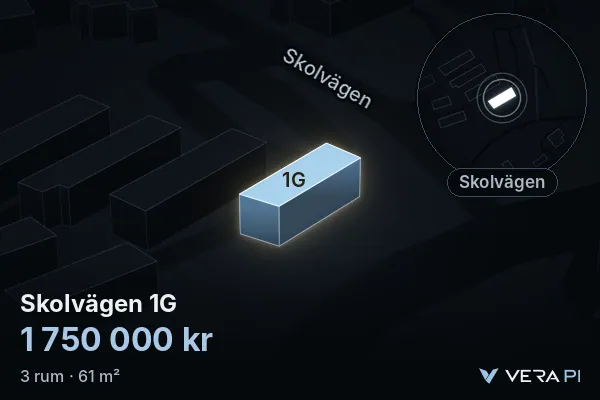 VERA PI's image of Skolvägen 1G: the building in 3D, lit in blue, and the map around it