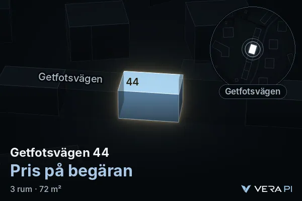 VERA PI's image of Getfotsvägen 44: the building in 3D, lit in blue, and the map around it