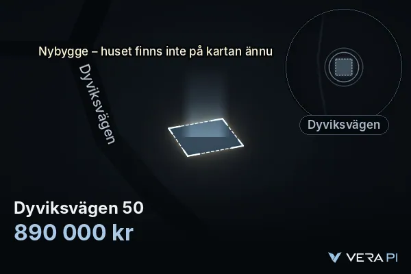 VERA PI's image of Dyviksvägen 50: the building in 3D, lit in blue, and the map around it