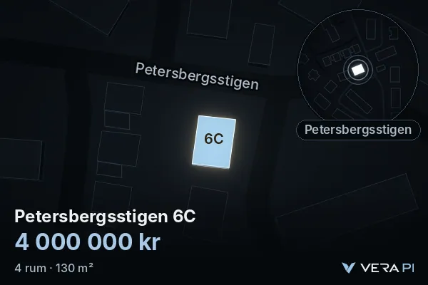 VERA PI's image of Petersbergsstigen 6C: the building in 3D, lit in blue, and the map around it