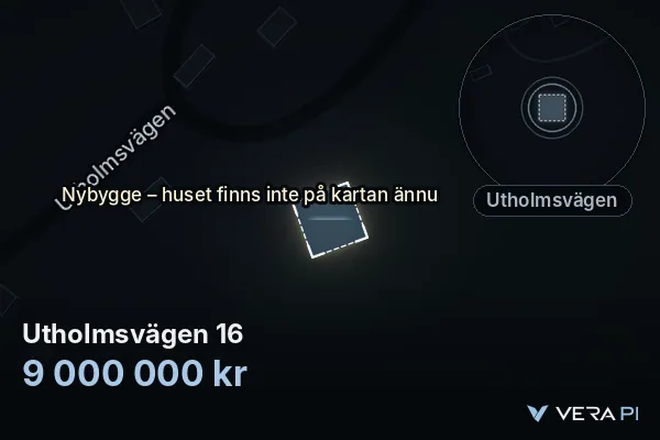 VERA PI's image of Utholmsvägen 16: the building in 3D, lit in blue, and the map around it