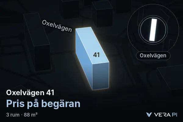 VERA PI's image of Oxelvägen 41: the building in 3D, lit in blue, and the map around it