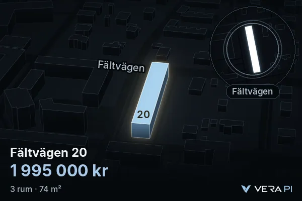VERA PI's image of Fältvägen 20: the building in 3D, lit in blue, and the map around it