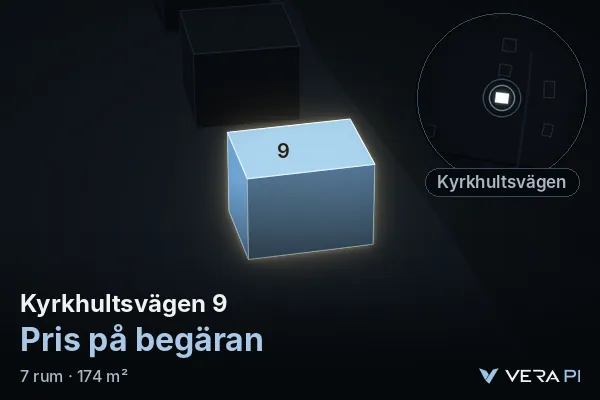 VERA PI's image of Kyrkhultsvägen 9: the building in 3D, lit in blue, and the map around it
