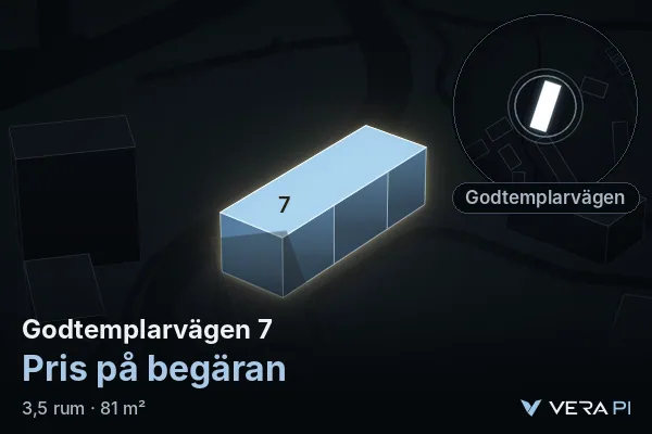 VERA PI:s bild av Godtemplarvägen 7: huset i 3D, upplyst i blått, och kartan runt omkring