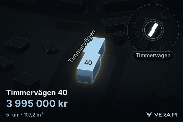 VERA PI's image of Timmervägen 40: the building in 3D, lit in blue, and the map around it
