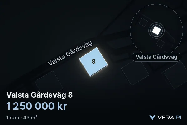VERA PI:s bild av Valsta Gårdsväg 8: huset i 3D, upplyst i blått, och kartan runt omkring