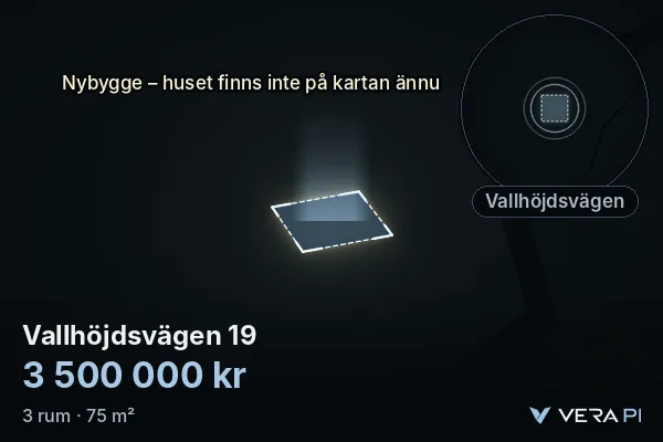 VERA PI's image of Vallhöjdsvägen 19: the building in 3D, lit in blue, and the map around it