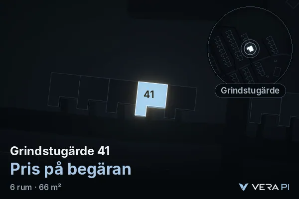 VERA PI:s bild av Grindstugärde 41: huset i 3D, upplyst i blått, och kartan runt omkring