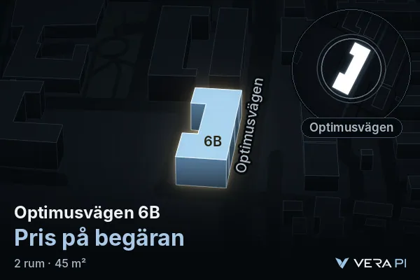 VERA PI:s bild av Optimusvägen 6B: huset i 3D, upplyst i blått, och kartan runt omkring