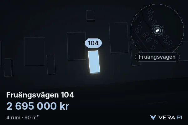 VERA PI:s bild av Fruängsvägen 104: huset i 3D, upplyst i blått, och kartan runt omkring