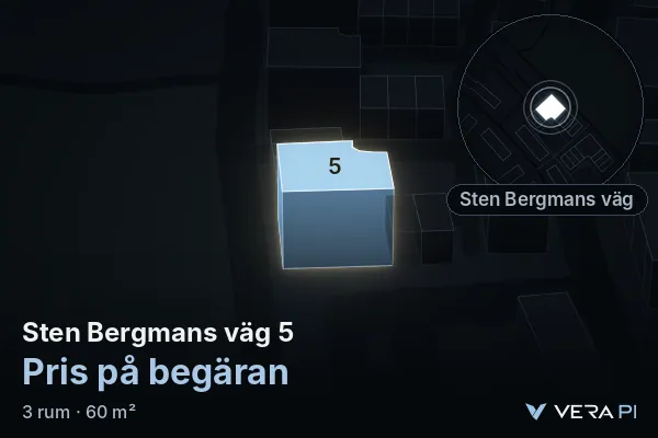 VERA PI's image of Sten Bergmans väg 5: the building in 3D, lit in blue, and the map around it