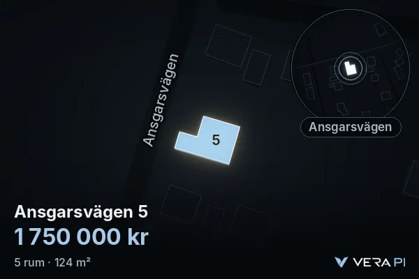VERA PI's image of Ansgarsvägen 5: the building in 3D, lit in blue, and the map around it