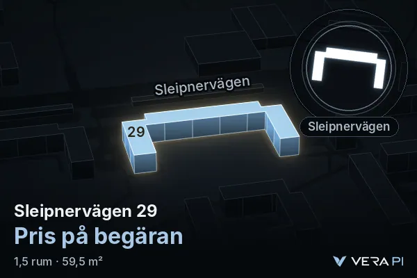 VERA PI:s bild av Sleipnervägen 29: huset i 3D, upplyst i blått, och kartan runt omkring