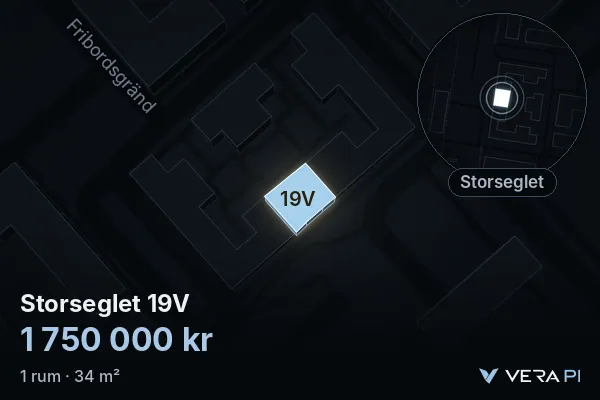 VERA PI:s bild av Storseglet 19V: huset i 3D, upplyst i blått, och kartan runt omkring