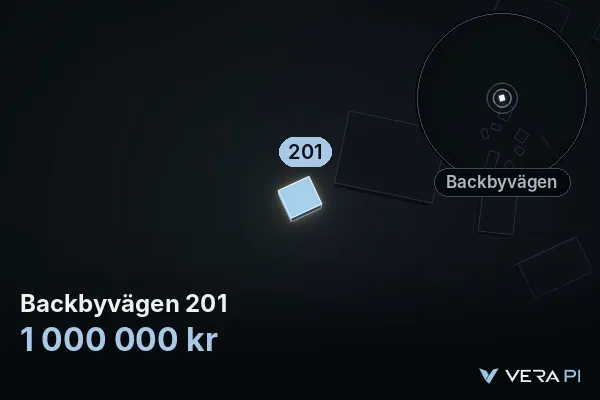 VERA PI's image of Backbyvägen 201: the building in 3D, lit in blue, and the map around it