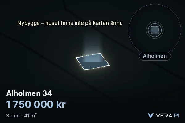 VERA PI:s bild av Alholmen 34: huset i 3D, upplyst i blått, och kartan runt omkring