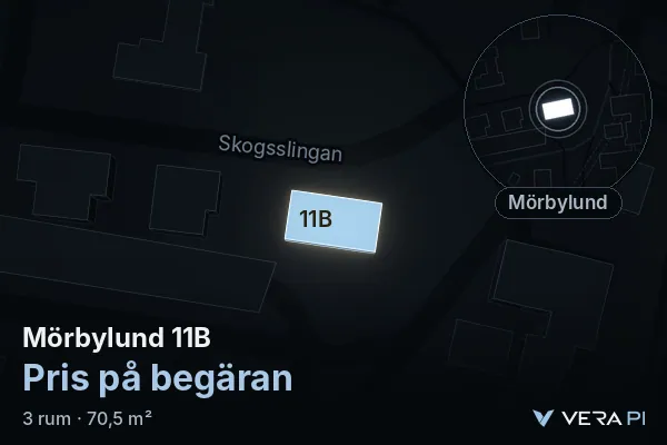 VERA PI's image of Mörbylund 11B: the building in 3D, lit in blue, and the map around it