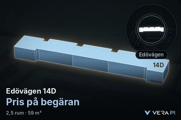 VERA PI:s bild av Edövägen 14D: huset i 3D, upplyst i blått, och kartan runt omkring
