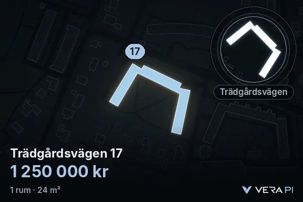 VERA PI:s bild av Trädgårdsvägen 17: huset i 3D, upplyst i blått, och kartan runt omkring