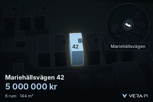 VERA PI:s bild av Mariehällsvägen 42: huset i 3D, upplyst i blått, och kartan runt omkring
