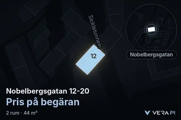 VERA PI:s bild av Nobelbergsgatan 12-20: huset i 3D, upplyst i blått, och kartan runt omkring