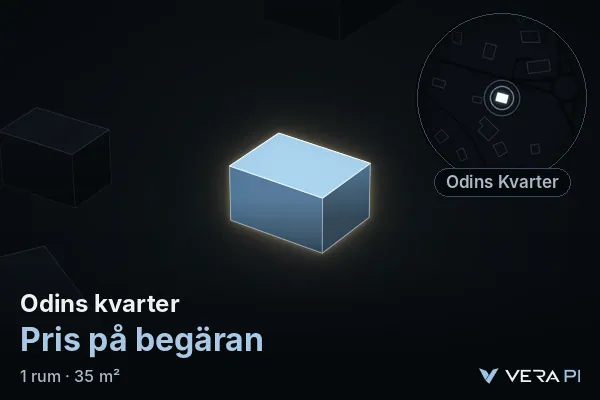VERA PI:s bild av Odins kvarter: huset i 3D, upplyst i blått, och kartan runt omkring