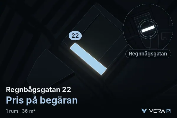 VERA PI's image of Regnbågsgatan 22: the building in 3D, lit in blue, and the map around it