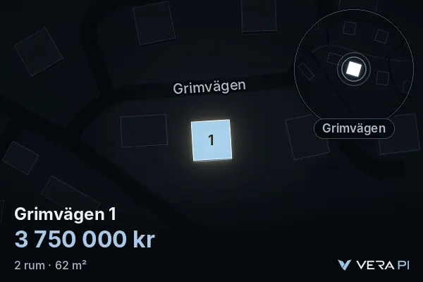 VERA PI's image of Grimvägen 1: the building in 3D, lit in blue, and the map around it