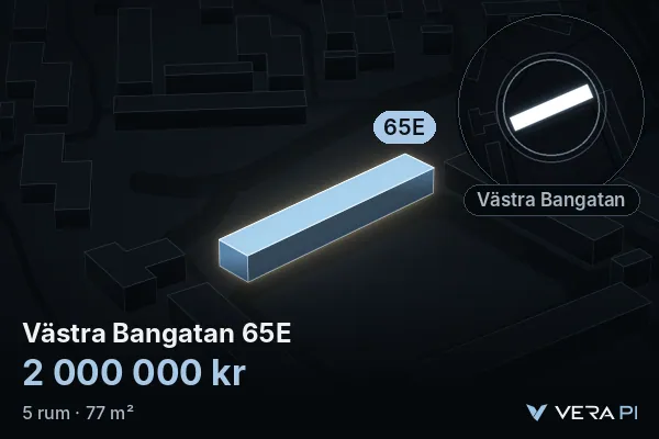 VERA PI's image of Västra Bangatan 65E: the building in 3D, lit in blue, and the map around it