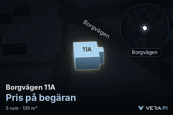 VERA PI's image of Borgvägen 11A: the building in 3D, lit in blue, and the map around it