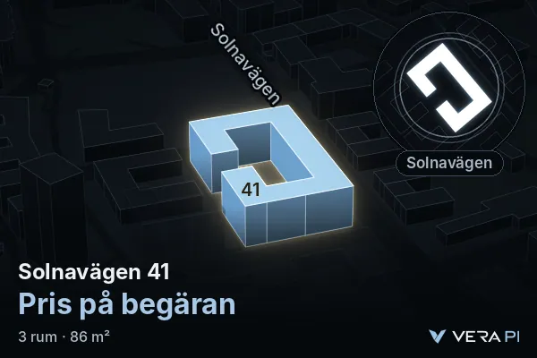 VERA PI's image of Solnavägen 41: the building in 3D, lit in blue, and the map around it