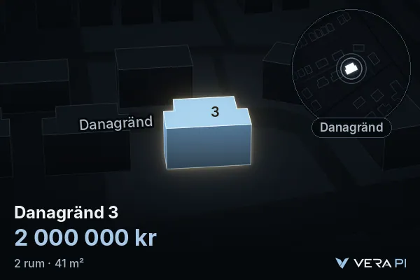 VERA PI:s bild av Danagränd 3: huset i 3D, upplyst i blått, och kartan runt omkring