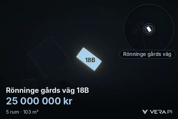 VERA PI's image of Rönninge gårds väg 18B: the building in 3D, lit in blue, and the map around it
