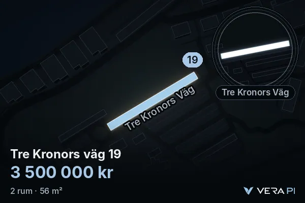 VERA PI:s bild av Tre Kronors väg 19: huset i 3D, upplyst i blått, och kartan runt omkring