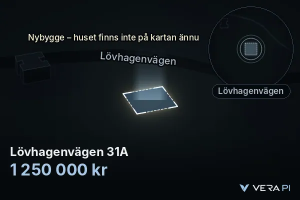 VERA PI's image of Lövhagenvägen 31A: the building in 3D, lit in blue, and the map around it