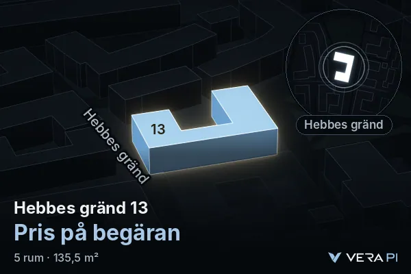 VERA PI:s bild av Hebbes gränd 13: huset i 3D, upplyst i blått, och kartan runt omkring