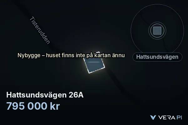 VERA PI's image of Hattsundsvägen 26A: the building in 3D, lit in blue, and the map around it