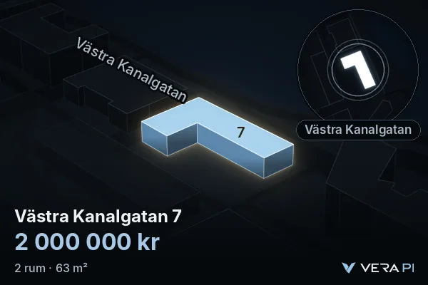 VERA PI's image of Västra Kanalgatan 7: the building in 3D, lit in blue, and the map around it
