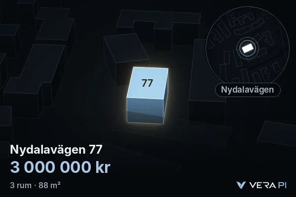 VERA PI's image of Nydalavägen 77: the building in 3D, lit in blue, and the map around it