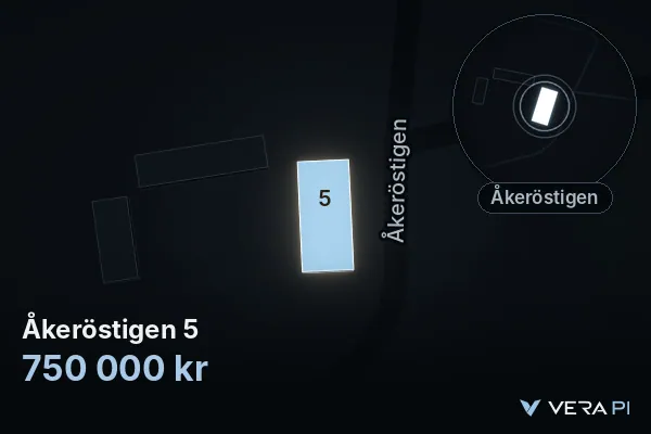 VERA PI:s bild av Åkeröstigen 5: huset i 3D, upplyst i blått, och kartan runt omkring