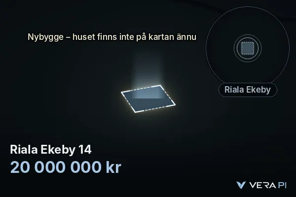 VERA PI's image of Riala Ekeby 14: the building in 3D, lit in blue, and the map around it