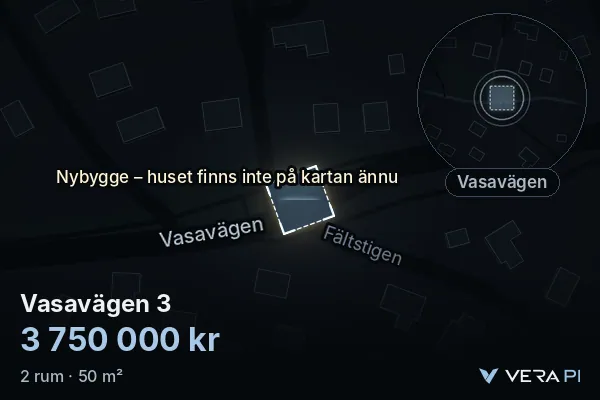 VERA PI's image of Vasavägen 3: the building in 3D, lit in blue, and the map around it