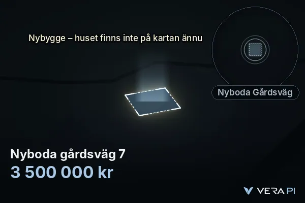 VERA PI's image of Nyboda gårdsväg 7: the building in 3D, lit in blue, and the map around it