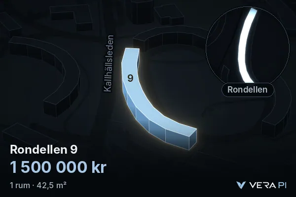 VERA PI's image of Rondellen 9: the building in 3D, lit in blue, and the map around it