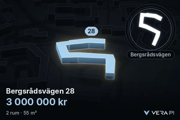 VERA PI's image of Bergsrådsvägen 28: the building in 3D, lit in blue, and the map around it